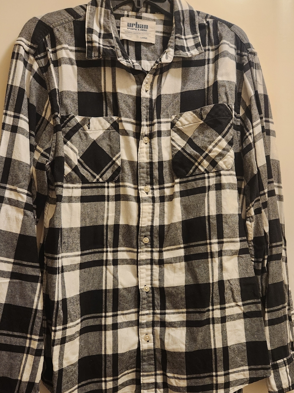 urban pipeline Black and White Plaid Long Sleeve Shirt, Large